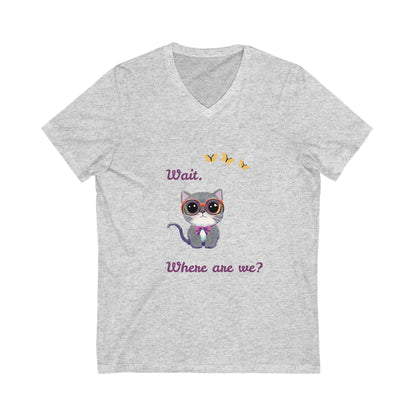 Curious Cat V-Neck T-Shirt | Kawaii Kitten Question Design | Butterfly Pet Tee