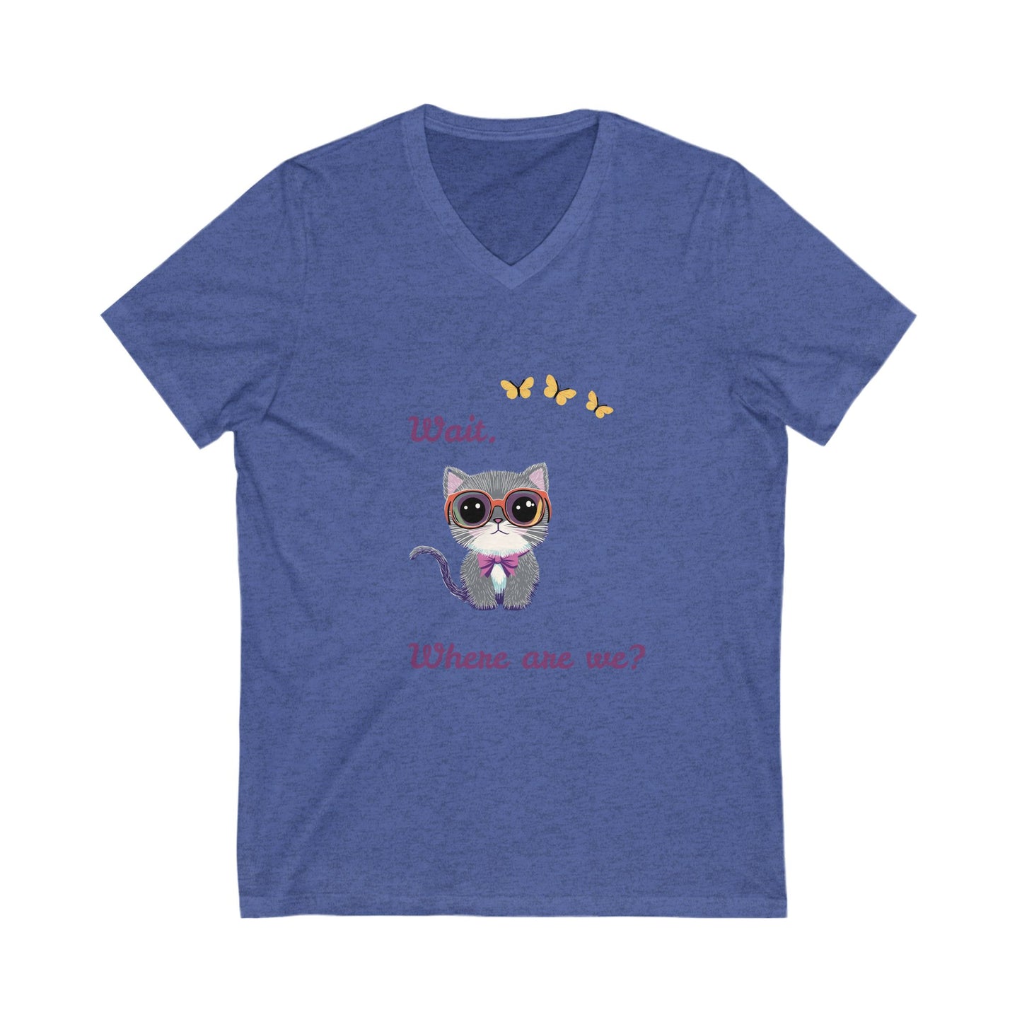 Curious Cat V-Neck T-Shirt | Kawaii Kitten Question Design | Butterfly Pet Tee