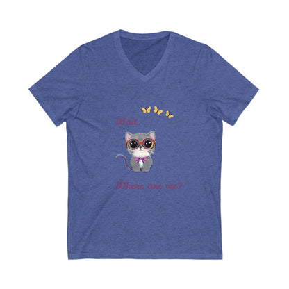 Curious Cat V-Neck T-Shirt | Kawaii Kitten Question Design | Butterfly Pet Tee