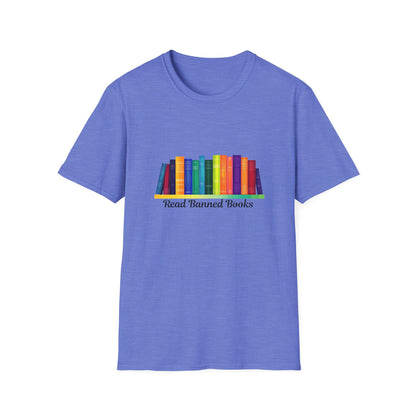Read Banned Books Rainbow Bookshelf T-Shirt | Literary Activism Tee