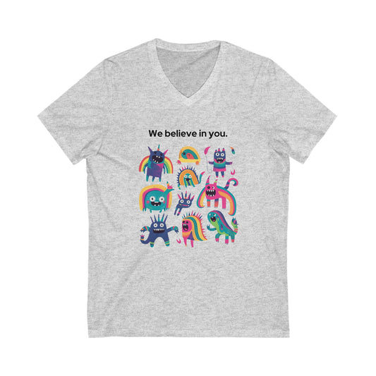 Rainbow Monster Squad V-Neck Tee | Kawaii Empowerment Design | Inclusive Unisex T-Shirt