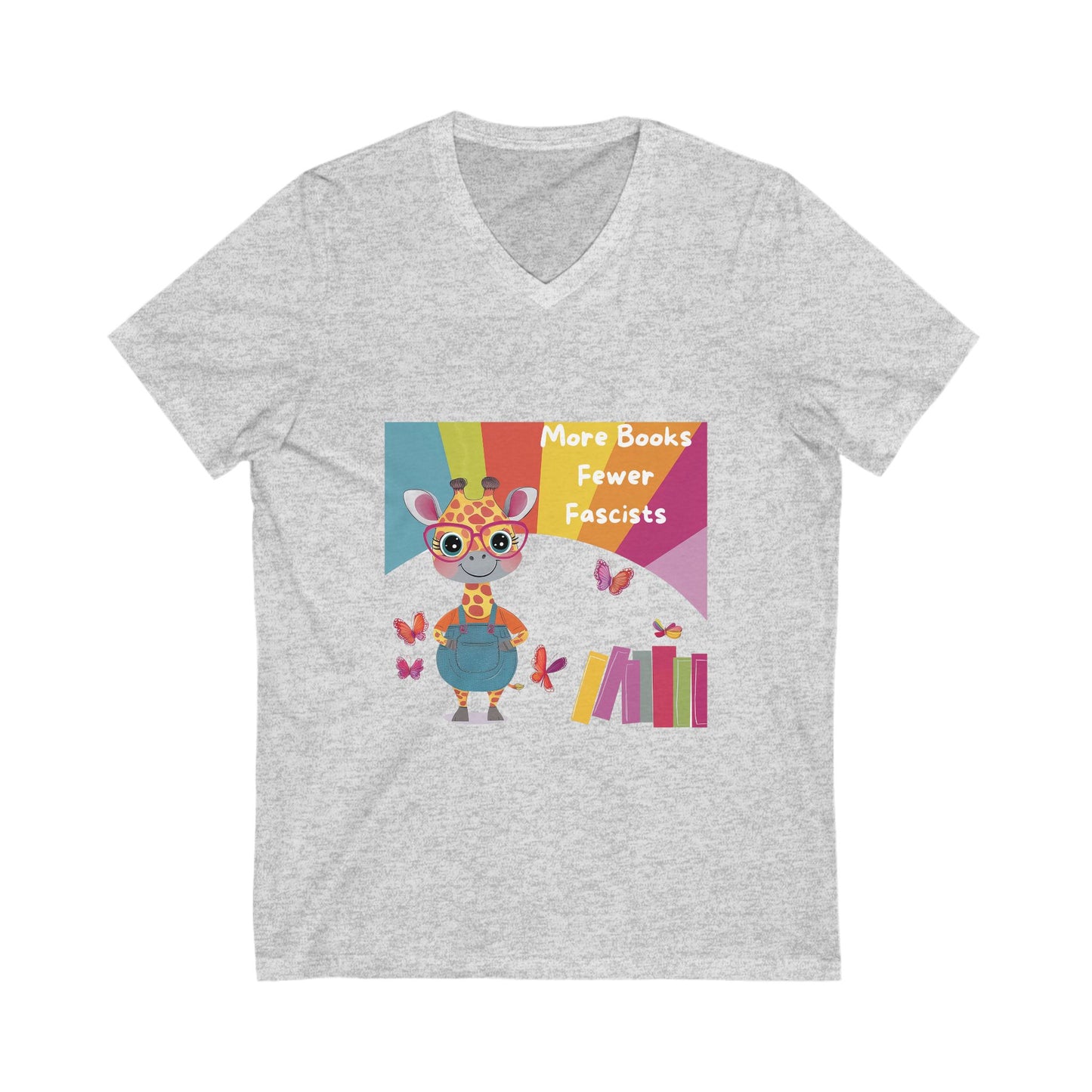 Kawaii Giraffe Reading Anti-Fascist V-Neck T-Shirt | Cute Activist Tee