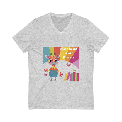 Kawaii Giraffe Reading Anti-Fascist V-Neck T-Shirt | Cute Activist Tee