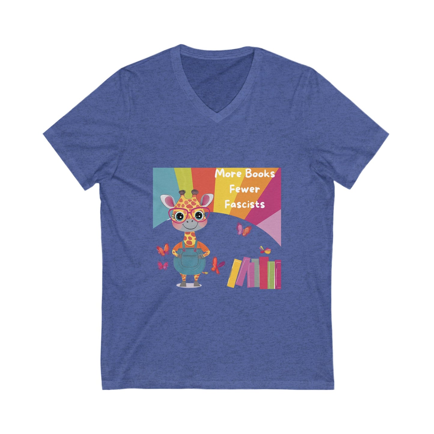 Kawaii Giraffe Reading Anti-Fascist V-Neck T-Shirt | Cute Activist Tee