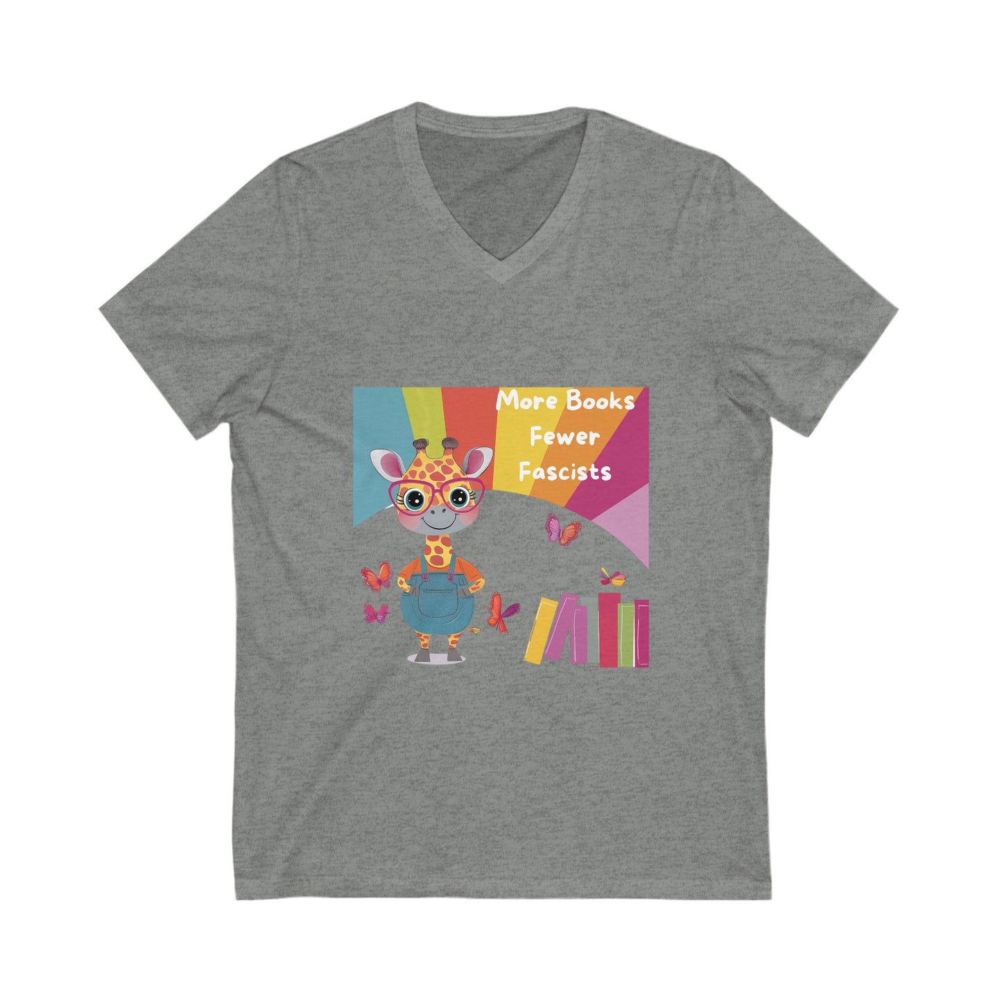 Kawaii Giraffe Reading Anti-Fascist V-Neck T-Shirt | Cute Activist Tee