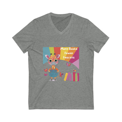 Kawaii Giraffe Reading Anti-Fascist V-Neck T-Shirt | Cute Activist Tee