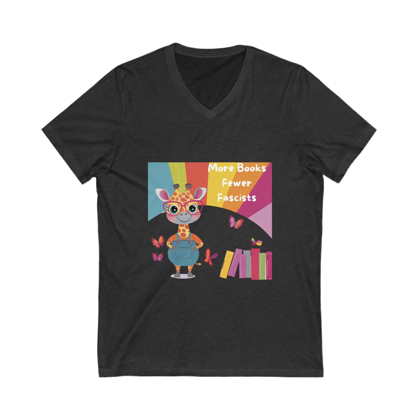Kawaii Giraffe Reading Anti-Fascist V-Neck T-Shirt | Cute Activist Tee