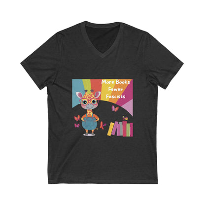Kawaii Giraffe Reading Anti-Fascist V-Neck T-Shirt | Cute Activist Tee
