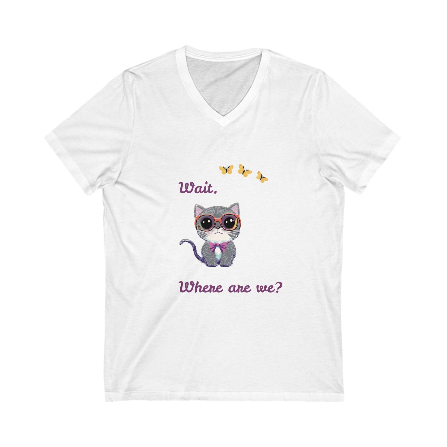 Curious Cat V-Neck T-Shirt | Kawaii Kitten Question Design | Butterfly Pet Tee