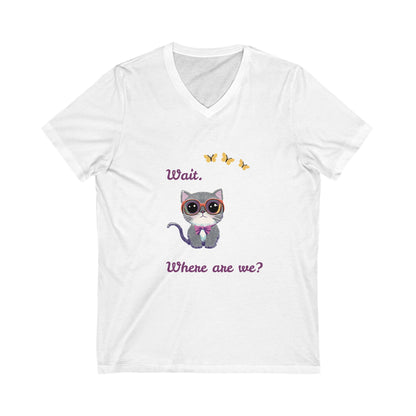 Curious Cat V-Neck T-Shirt | Kawaii Kitten Question Design | Butterfly Pet Tee
