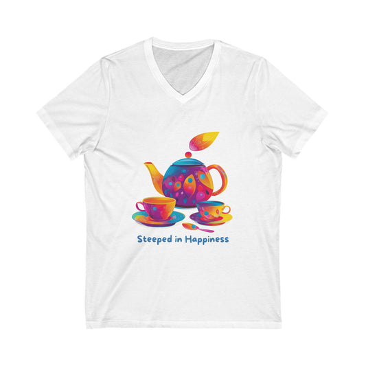 Steeped in Happiness Tea Party V-Neck | Kawaii Rainbow Tea Set Unisex Tee