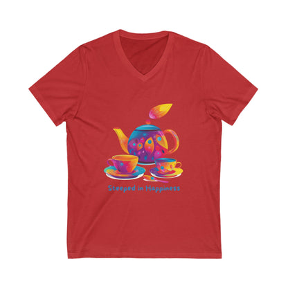 Steeped in Happiness Tea Party V-Neck | Kawaii Rainbow Tea Set Unisex Tee