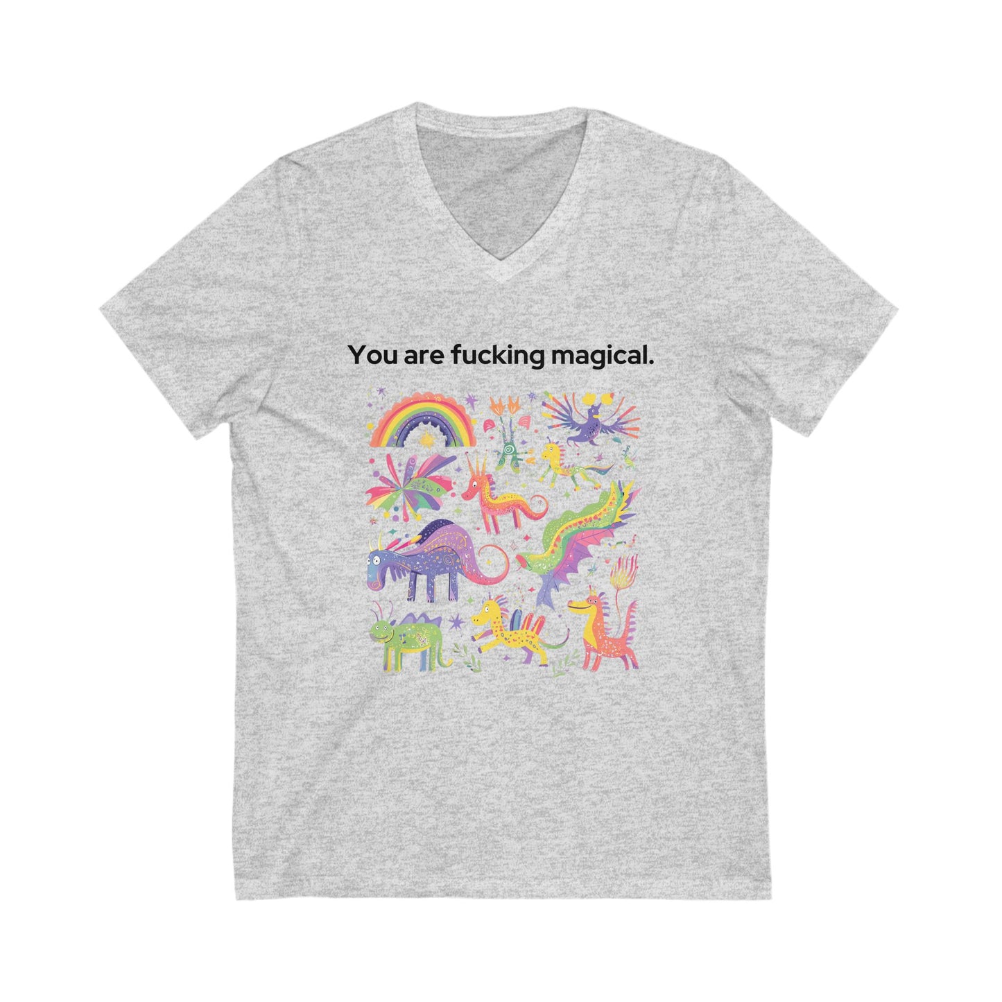 Magical Unicorn V-Neck T-Shirt | Empowering Rainbow Art | Kawaii Fantasy Unisex Tee