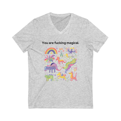 Magical Unicorn V-Neck T-Shirt | Empowering Rainbow Art | Kawaii Fantasy Unisex Tee