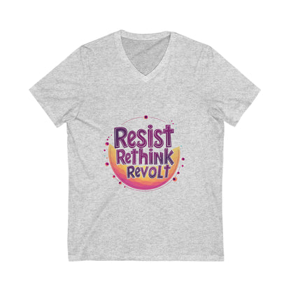 Resist Rethink Revolt V-Neck Tee | Kawaii Activist Unisex T-Shirt | Progressive Statement Shirt