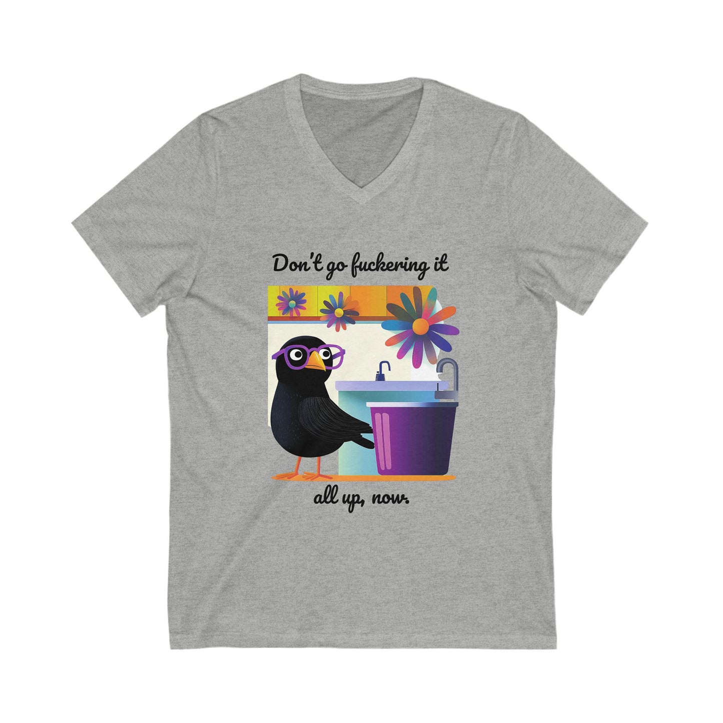 Funny Crow V-Neck T-Shirt | Cute Bird Coffee Lover Gift | Kawaii Animal Unisex Tee
