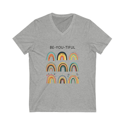 Be-You-Tiful Rainbow V-Neck Tee | Inspirational Boho Art | Self Love Unisex T-Shirt