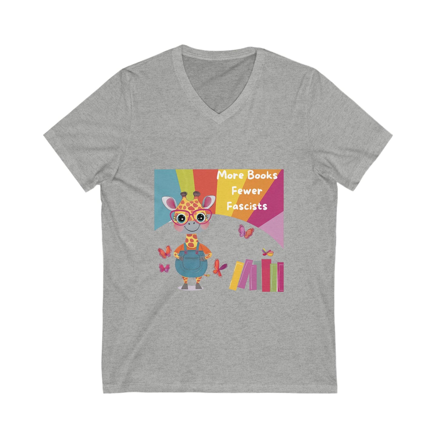 Kawaii Giraffe Reading Anti-Fascist V-Neck T-Shirt | Cute Activist Tee