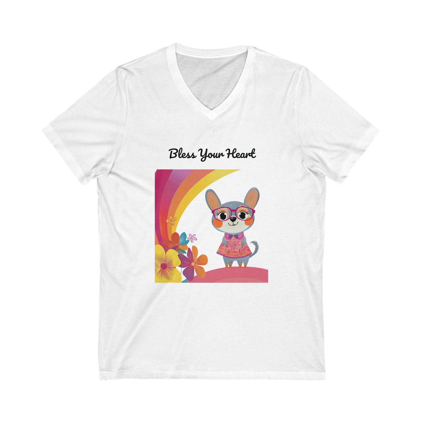 Bless Your Heart Kawaii Bunny V-Neck | Rainbow Floral Design | Cute Animal Tee