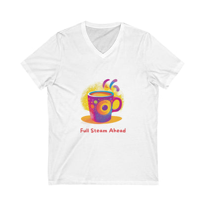Full Steam Ahead Coffee V-Neck T-Shirt | Kawaii Motivational Tee | Rainbow Cup Design