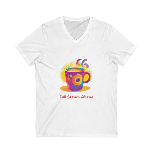 Full Steam Ahead Coffee V-Neck T-Shirt | Kawaii Motivational Tee | Rainbow Cup Design