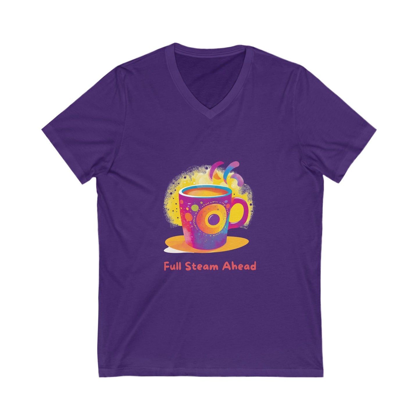 Full Steam Ahead Coffee V-Neck T-Shirt | Kawaii Motivational Tee | Rainbow Cup Design