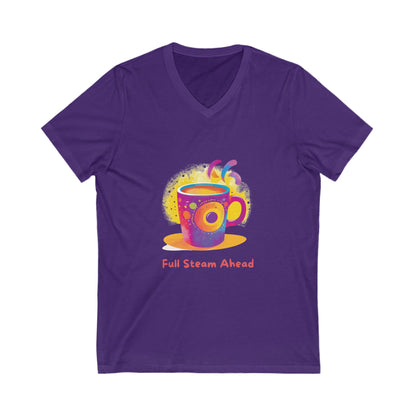 Full Steam Ahead Coffee V-Neck T-Shirt | Kawaii Motivational Tee | Rainbow Cup Design