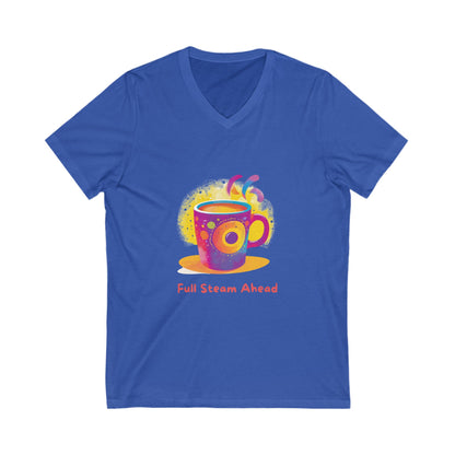 Full Steam Ahead Coffee V-Neck T-Shirt | Kawaii Motivational Tee | Rainbow Cup Design
