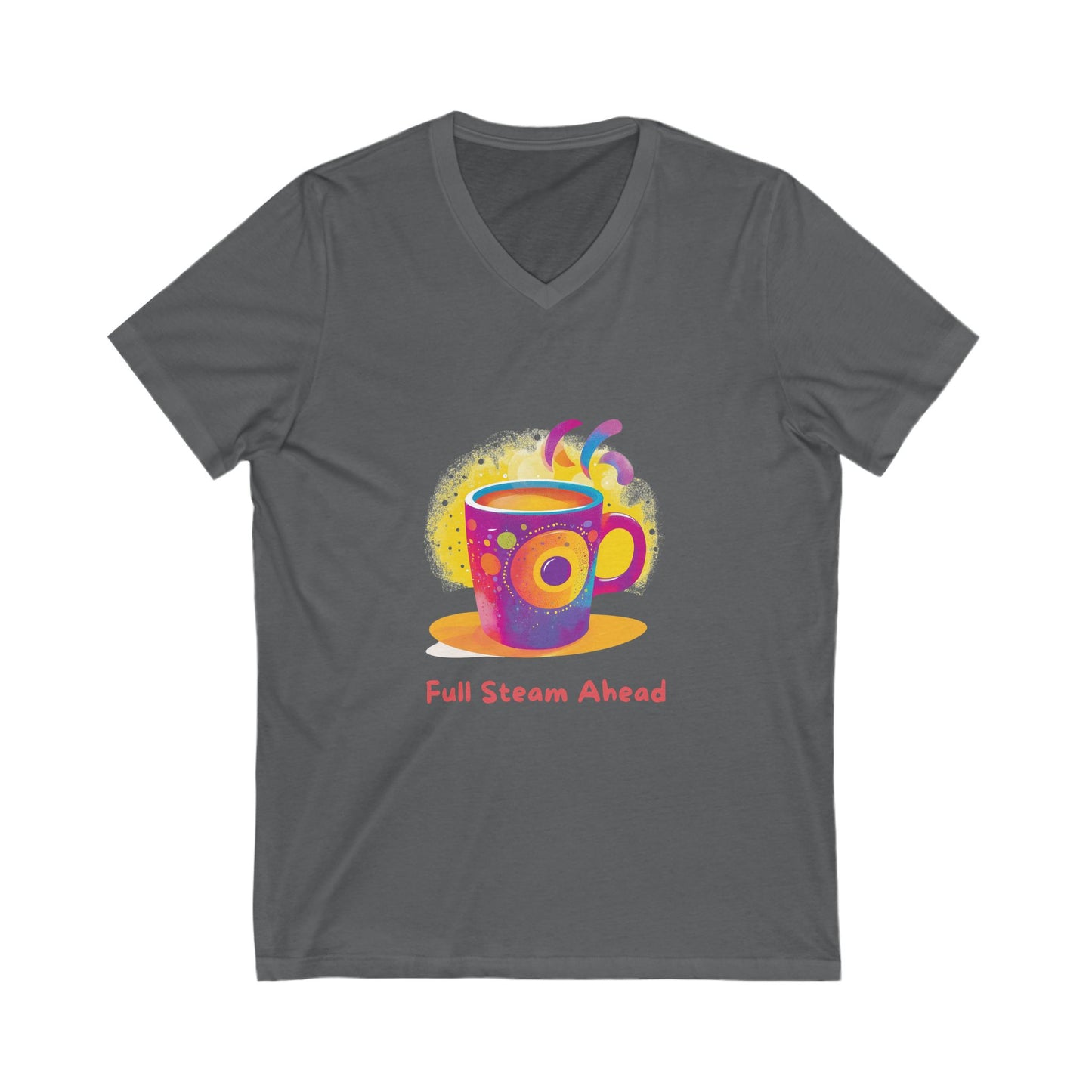 Full Steam Ahead Coffee V-Neck T-Shirt | Kawaii Motivational Tee | Rainbow Cup Design