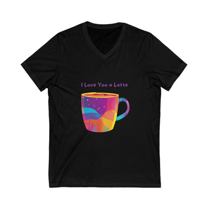 I Love You a Latte V-Neck T-Shirt | Kawaii Coffee Cup Rainbow Design | Unisex Tee